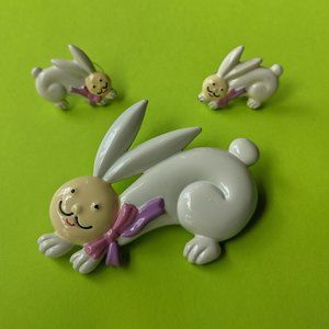 Enameled Bunny Rabbit Brooch Pendant and Earrings